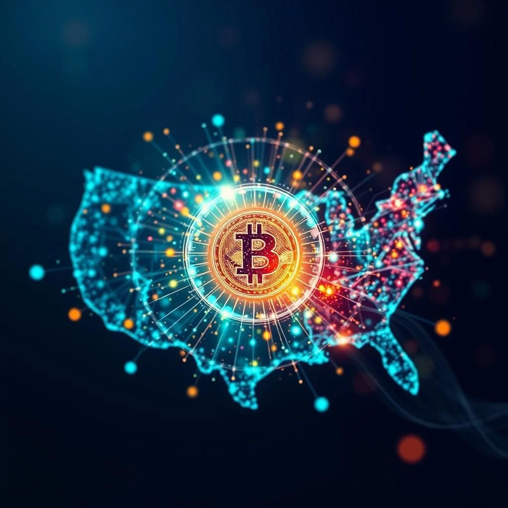 Ein stilisiertes Bild der Vereinigten Staaten, das aus leuchtenden blauen Punkten und Linien besteht, mit einem leuchtenden goldenen Bitcoin-Symbol in der Mitte, umgeben von einem Kreis aus Lichtern und Strahlen.