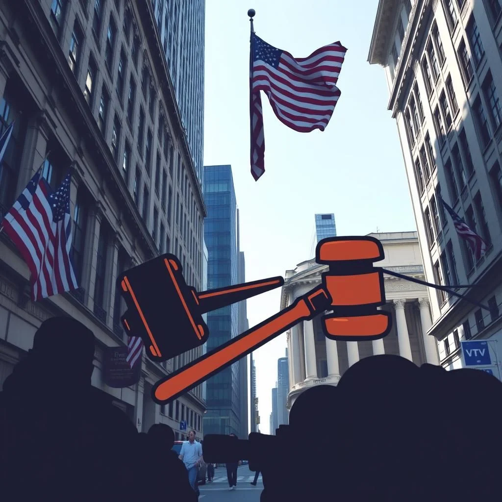 Zweifarbige Gavel-Illustration mit amerikanischer Flagge und Gebäuden im Hintergrund.