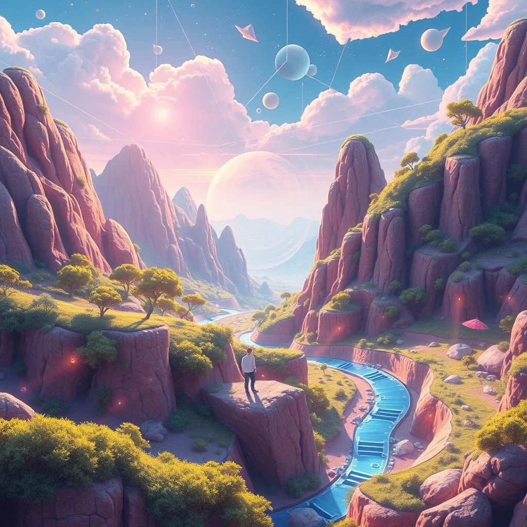 Ein Mann steht auf einem Felsvorsprung und blickt auf ein canyonartiges Tal mit roten Felsen und üppigem Grün. Ein leuchtend blauer Fluss schlängelt sich durch das Tal, und über allem schweben leuchtende Kugeln und geometrische Formen am Himmel. Der Himmel ist in Pastelltönen gehalten, mit rosa Wolken und einem großen, planetenähnlichen Objekt im Hintergrund.